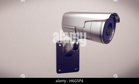 3D Rendering der Überwachungskamera auf weißen Wand Stockfoto