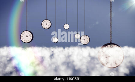 3D-Rendering von Uhren über den Wolken am Himmel. Stockfoto