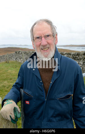 Peter Glanville mit seiner Herde von Shetland-Schafe, die organische Shetland Wolle in Naturfarben zu produzieren. Stockfoto