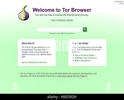 Bildschirm für die Zwiebel-Browser starten, besser bekannt als 'Tor', die ermöglicht Benutzern Zugriff auf das Internet anonym. Das Tornetz Anonymität springt Internetverkehr um ein verteiltes Netzwerk ("Onion-routing") des Relais laufen auf der ganzen Welt dritte Überwachung Ihrer Verbindung zu verhindern. Stockfoto