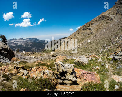 Trail running in den Sierra Nevada Bergen in der Nähe von Mineral King, California. Stockfoto