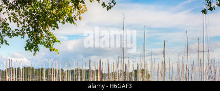 lange Reihe der Masten der Segelschiffe im Hafen Stockfoto