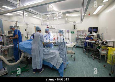 Orthopädischer Chirurg durchführen eine Knie Gelenkersatz Operation in ein Krankenhaus-Theater Stockfoto