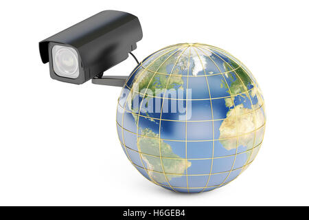 Globale Sicherheit Systemkonzept, Erde mit Überwachungskamera. 3D-Rendering Stockfoto