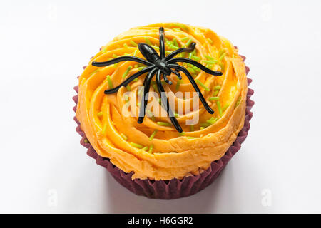 Cupcake mit Spinne Dekoration für Halloween isoliert auf weißem Hintergrund Stockfoto