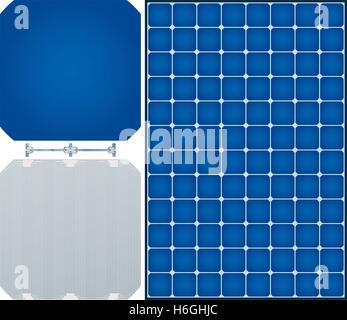 Hocheffiziente Solar-Panel. Vorder- und Rückseite der monokristallinen Solarzelle und Dogbone Link. Stock Vektor