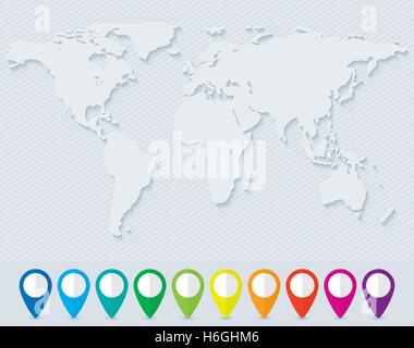 Leere Weltkarte und Reihe von bunten Karte Zeiger Stock Vektor