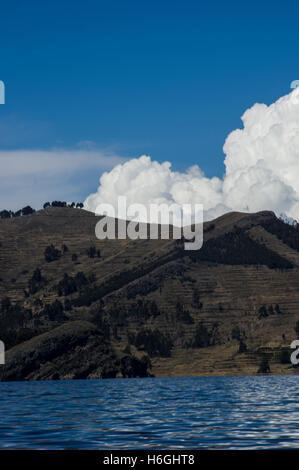 Auffallend weißen Wolken über einem Hügel mit Bäumen vor einem blauen Himmel am Titicacasee, Bolivien. Der See grenzt an Peru. Stockfoto