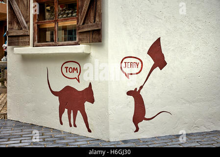 Wandkunst Graffiti der Zeichentrickfiguren Tom und Jerry. Stockfoto