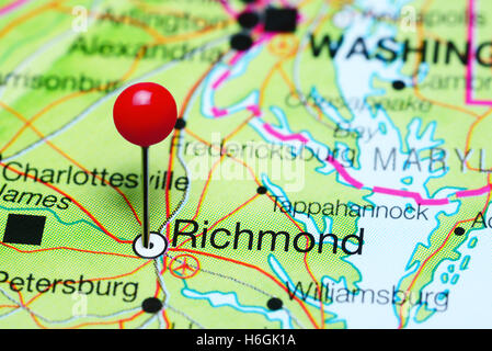 Richmond, fixiert auf einer Karte von Virginia, USA Stockfoto