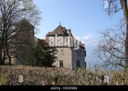 Waadt, Schweiz - 13. April 2010: Ansicht von Schloss Chillon am Genfersee in der Schweiz im Frühjahr. Stockfoto