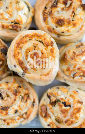 Frisch gebackene Käse Brötchen rollt auf einem Teller mit Kräutern Stockfoto