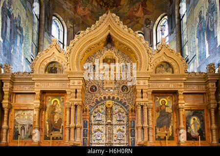 Die Ikonostase, Kirche Auferstehungskirche, auch Kirche des Erlösers auf Auferstehungskirche, St. Petersburg, Russland Stockfoto