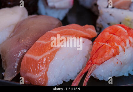Garnelen, Lachs und Thunfisch ihren Rollen Stockfoto