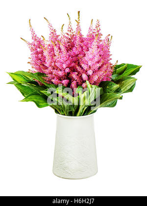 Bunter Strauß von Astilben und Funkia Blumen in Vase isoliert auf weißem Hintergrund. Closeup. Stockfoto