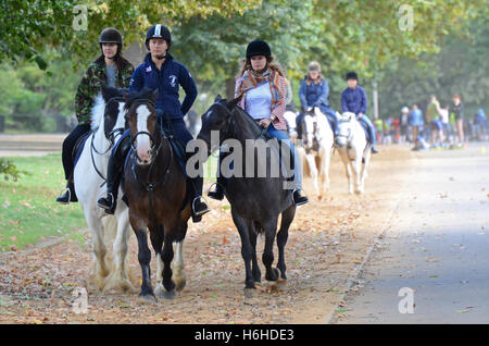 Reiter reiten durch den Hyde Park neben der Serpentine, während Skateboarder auch Speicherplatz der Park. Staubig Stockfoto