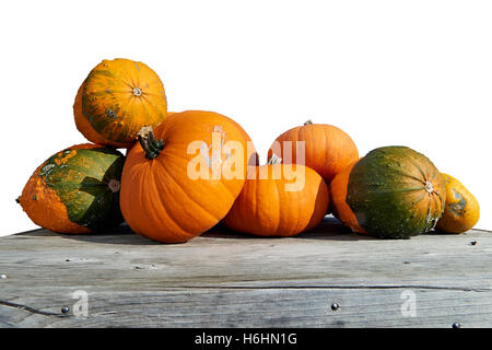 Verschiedene Kürbisse und Zucchini auf urigen Holzbrettern Stockfoto