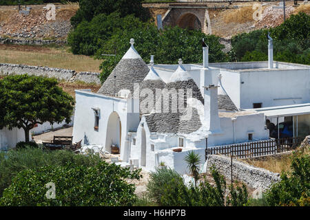 Traditionelle weiß gekalkten weißen Trulli Häuser in die Hügel der Stadt Locorotondo, Region Bari, Apulien (Puglia), Süditalien Stockfoto