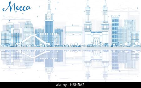 Umriss Mekka Skyline mit blauen Wahrzeichen und Reflexionen. Vektor-Illustration. Reise- und Tourismus-Konzept Stock Vektor