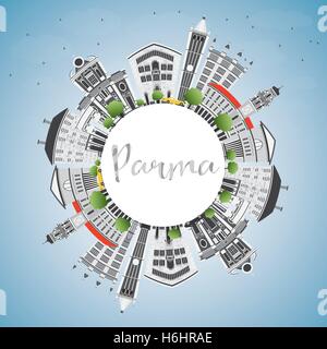 Parma-Skyline mit grauen Gebäuden, blauer Himmel und Textfreiraum. Vektor-Illustration. Geschäftsreisen und Tourismus-Konzept Stock Vektor