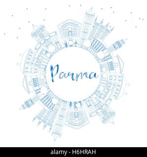 Umriss Parma mit blauen Gebäuden und textfreiraum Skyline. Vektor-Illustration. Geschäftsreisen und Tourismus-Konzept Stock Vektor