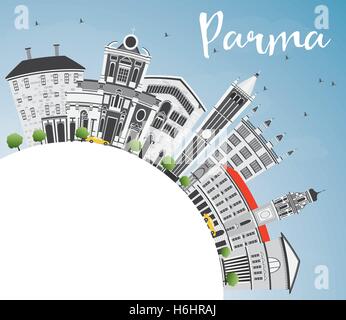 Parma-Skyline mit grauen Gebäuden, blauer Himmel und Textfreiraum. Vektor-Illustration. Geschäftsreisen und Tourismus-Konzept Stock Vektor
