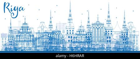 Umriss Riga Skyline mit blauen Wahrzeichen. Vektor-Illustration. Geschäftsreisen und Tourismus-Konzept mit historischer Architektur. Stock Vektor