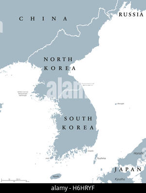 Koreanische Halbinsel Ländern politische Karte mit Nord- und Südkorea und nationale Grenzen hinweg. Graue Darstellung, Englisch beschriften. Stockfoto