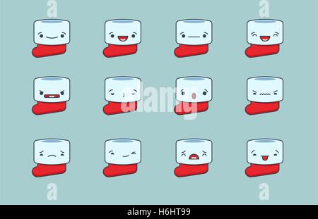 Satz von Vector Kawaii Weihnachten Socke Emoticons. Auf hellen Hintergrund isoliert. Stock Vektor