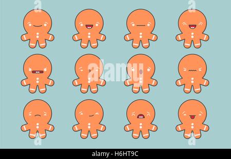 Satz von Vector Kawaii Lebkuchen Mann Emoticons. Auf hellen Hintergrund isoliert. Stock Vektor