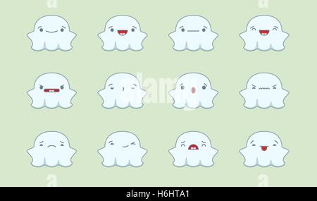 Satz von Vector Kawaii Geist Emoticons. Auf hellen grünen Hintergrund isoliert. Stock Vektor