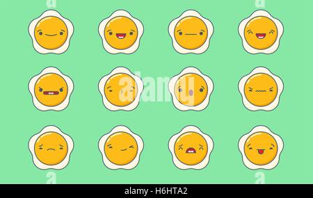 Satz von Vector Kawaii gebraten Ei Emoticons. Isoliert auf grünem Hintergrund. Stock Vektor