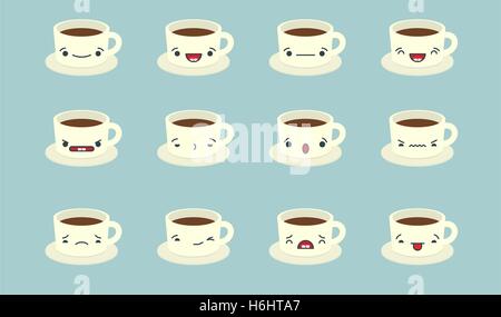 Satz von Vector Kawaii Tasse Emoticons. Isoliert auf blassen blauen Hintergrund. Stock Vektor