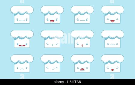 Satz von Vector Kawaii Chef GAP Emoticons. Auf hellblauem Hintergrund isoliert. Stock Vektor