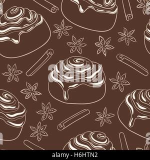 Nahtlose Muster mit Zimtschnecken mit Zuckerguss und Gewürz. Frisch gebackenes Gebäck. Vektor-Illustration. Stock Vektor