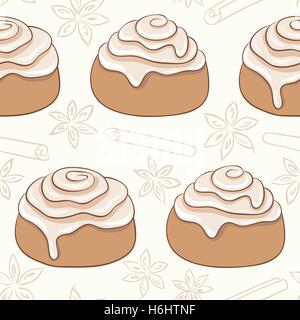 Nahtlose Muster mit Zimtschnecken und Gewürz. Frisch gebackenes Gebäck mit Zuckerguss und Gewürz. Vektor-Illustration, Eps. Stock Vektor