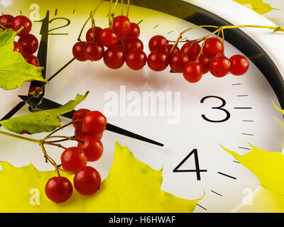 Herbst, Winterzeit. Wanduhr mit Viburnum und gelbe Blätter Stockfoto