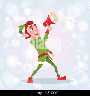 Christmas Elf junge Cartoon Charakter Santa Helfer halten Megaphon Lautsprecher flach Vektor-Illustration Stock Vektor