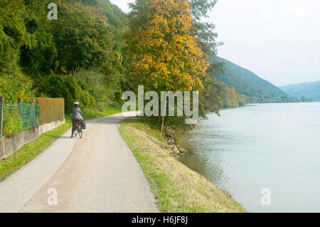 Radfahren auf dem Danube Fahrrad Weg zwischen Passau Deutschland und Österreich Modell Schlogener Version verfügbar Stockfoto