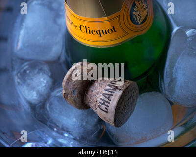 Schließen Sie die Ansicht auf Veuve Clicquot feine Flasche Champagner auf Eis im Weinkühler mit Champagner Korken in atmosphärischen niedrigen Lichtverhältnissen Stockfoto
