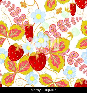 Erdbeeren und Blumen, Verpackung, nahtlose Muster Blatt Hintergrund-Vektor-illustration Stock Vektor