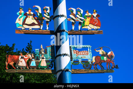 Maibaum mit traditionellen bayerischen Figuren in Schliersee, Bayern, Deutschland Stockfoto