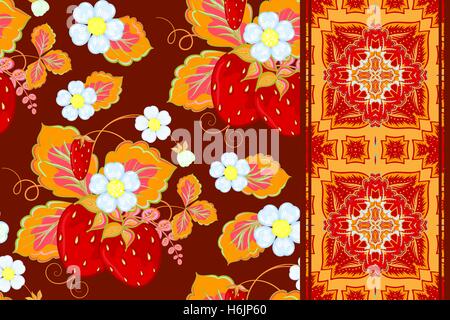 Satz von Erdbeeren nahtlose Hand gezeichnete Vektormuster und nahtlose Grenze (Band, Band, Band) Stock Vektor