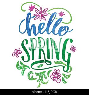 Hallo Frühling. Aquarell Hand Schriftzug isoliert auf weißem Hintergrund Stock Vektor