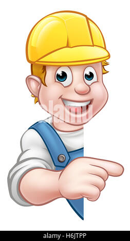 Handwerker, Baumeister, Mechaniker, Tischler, Elektriker oder Klempner Comicfigur im harten Hut zeigen Stockfoto