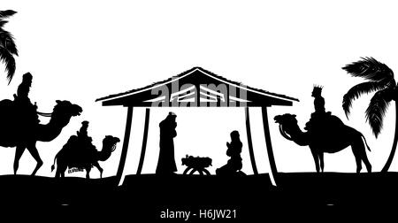 Christlichen Weihnachtskrippe Baby Jesus in der Krippe mit Maria und Josef in der Silhouette, umgeben von Tieren und der Stockfoto