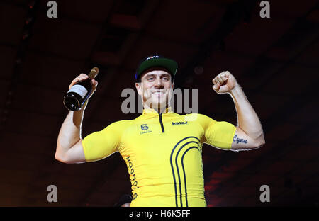 Deutschlands Maximilian Levy feiert Abschluss zweite insgesamt bei der Herren Sprint tagsüber sechs von sechs Messetage in Lee Valley Velopark, London. Stockfoto