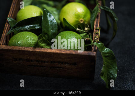 Reife Limetten Frucht in Holzkiste mit Blätter Stockfoto