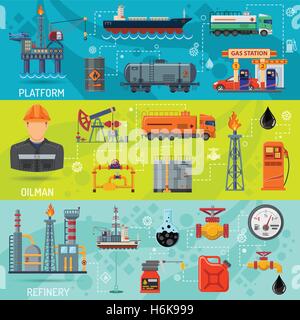 Ölindustrie horizontale Banner mit flachen Symbole Extraktion Raffinerie und Transport Öl und Benzin mit Tankstelle, Rigg und Stock Vektor
