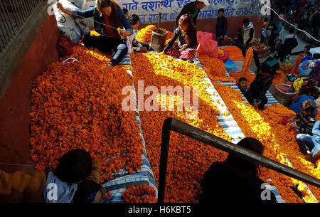 Kathmandu, Nepal. 30. Oktober 2016. Nepali Leute machen Girlanden für anzubieten Gebete Göttin Laxmi auf Laxmi Puja, dem dritten Tag des Tihar-Festival in Kathmandu, Nepal, 30. Oktober 2016 verwendet. Das fünftägige Festival in Nepal findet jährlich statt und jeden Tag widmet sich verschiedenen religiösen Figuren wie Kühe, Krähen und Hunde. © Sunil Sharma/Xinhua/Alamy Live-Nachrichten Stockfoto